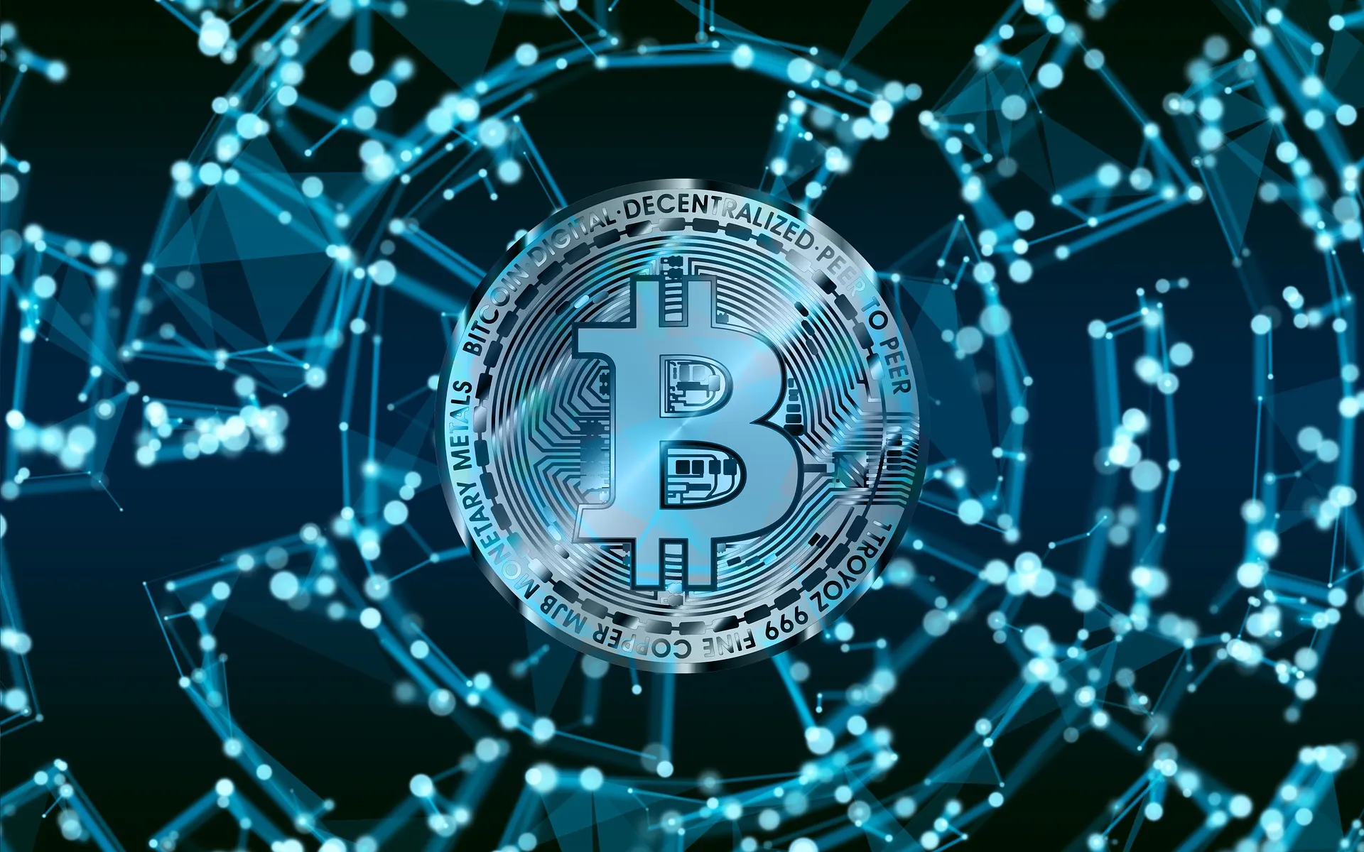 Bitcoin coin inside a glowing blockchain network