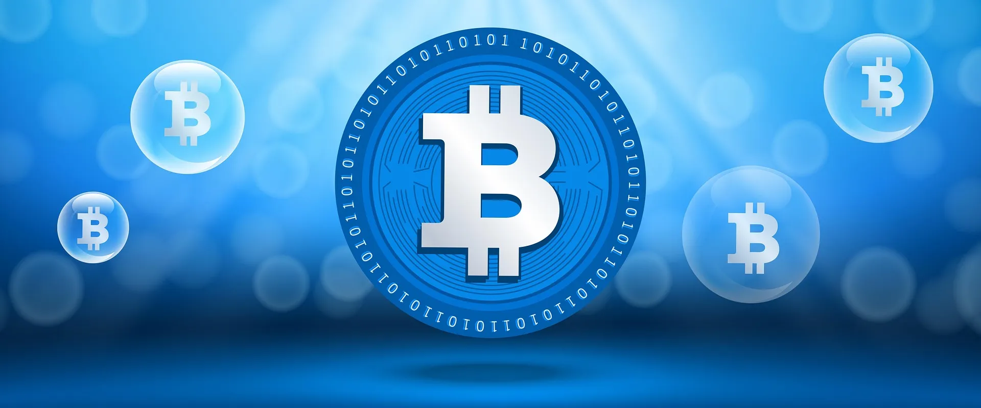 Blue digital Bitcoin banner with floating coins