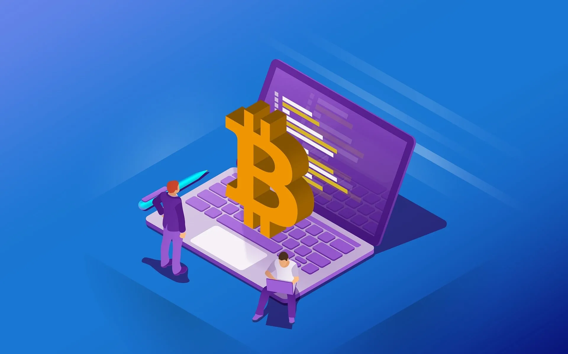 Isometric Bitcoin symbol on a laptop with small figures