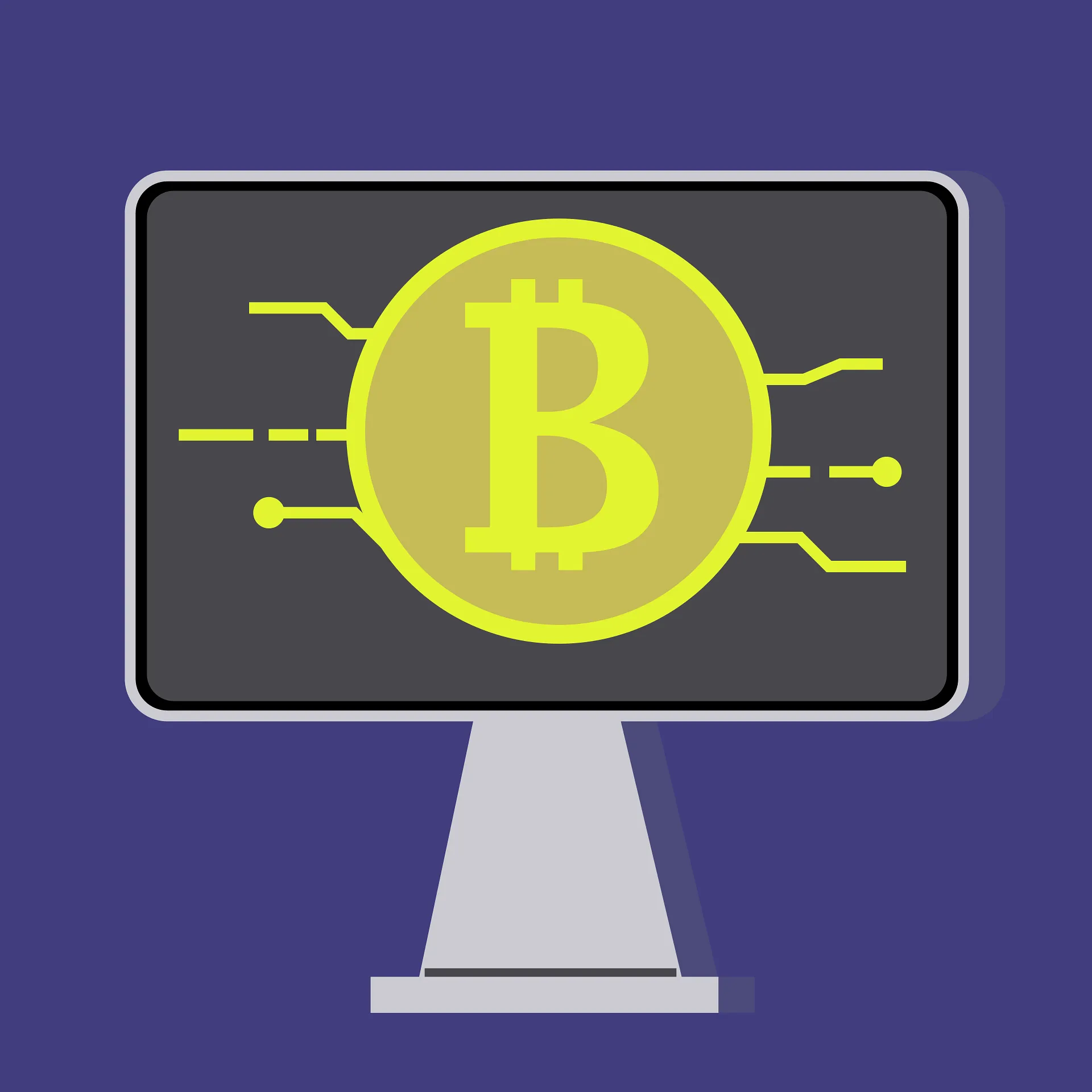 Bitcoin logo on a computer monitor, flat illustration
