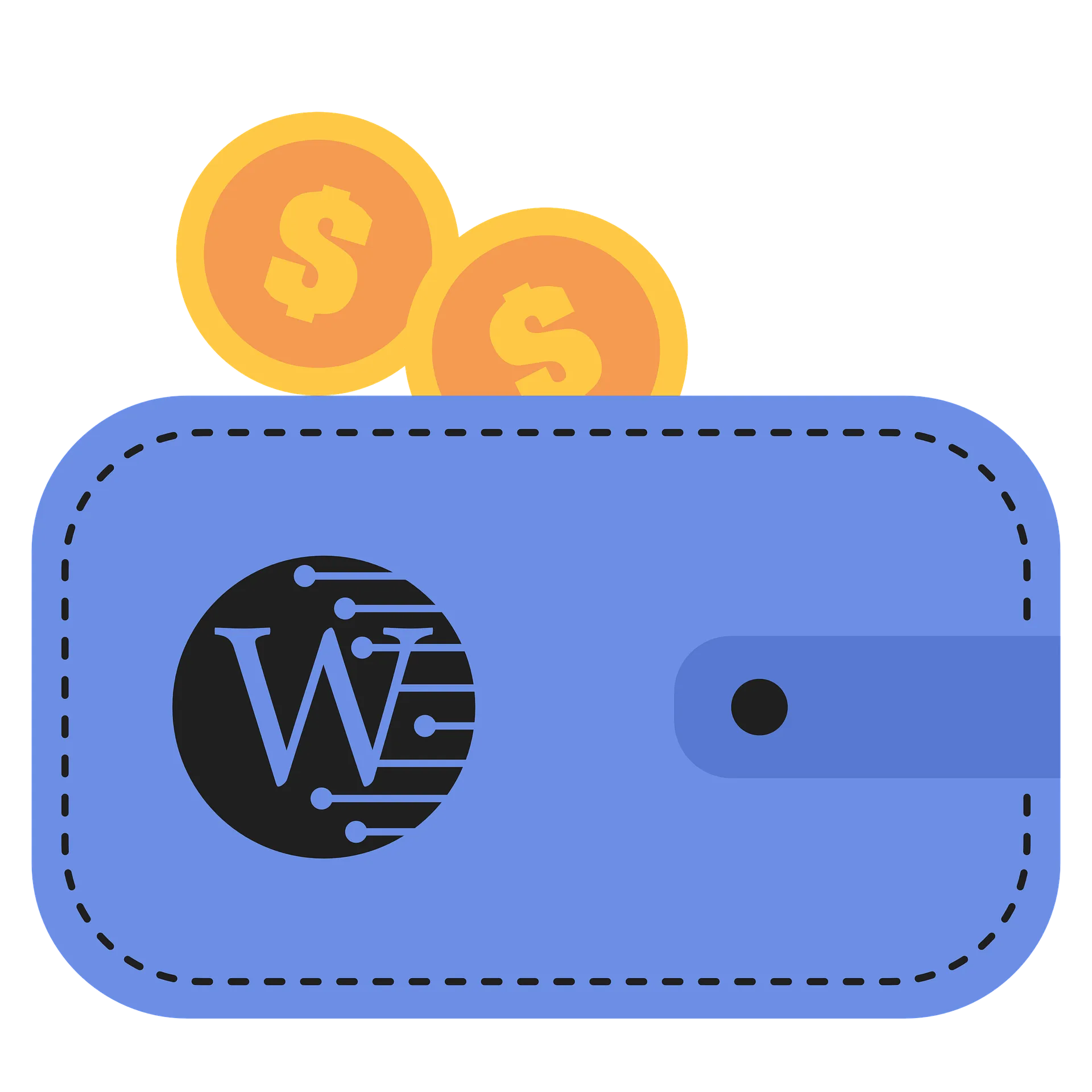 Blue digital wallet with dollar coins