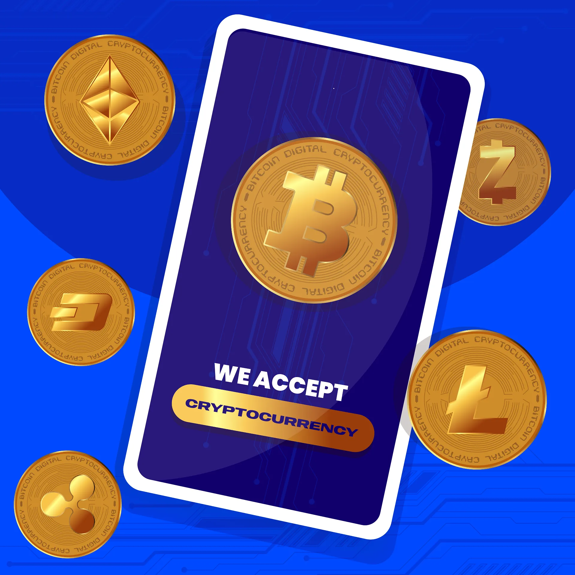 Crypto coins around a smartphone on a blue background