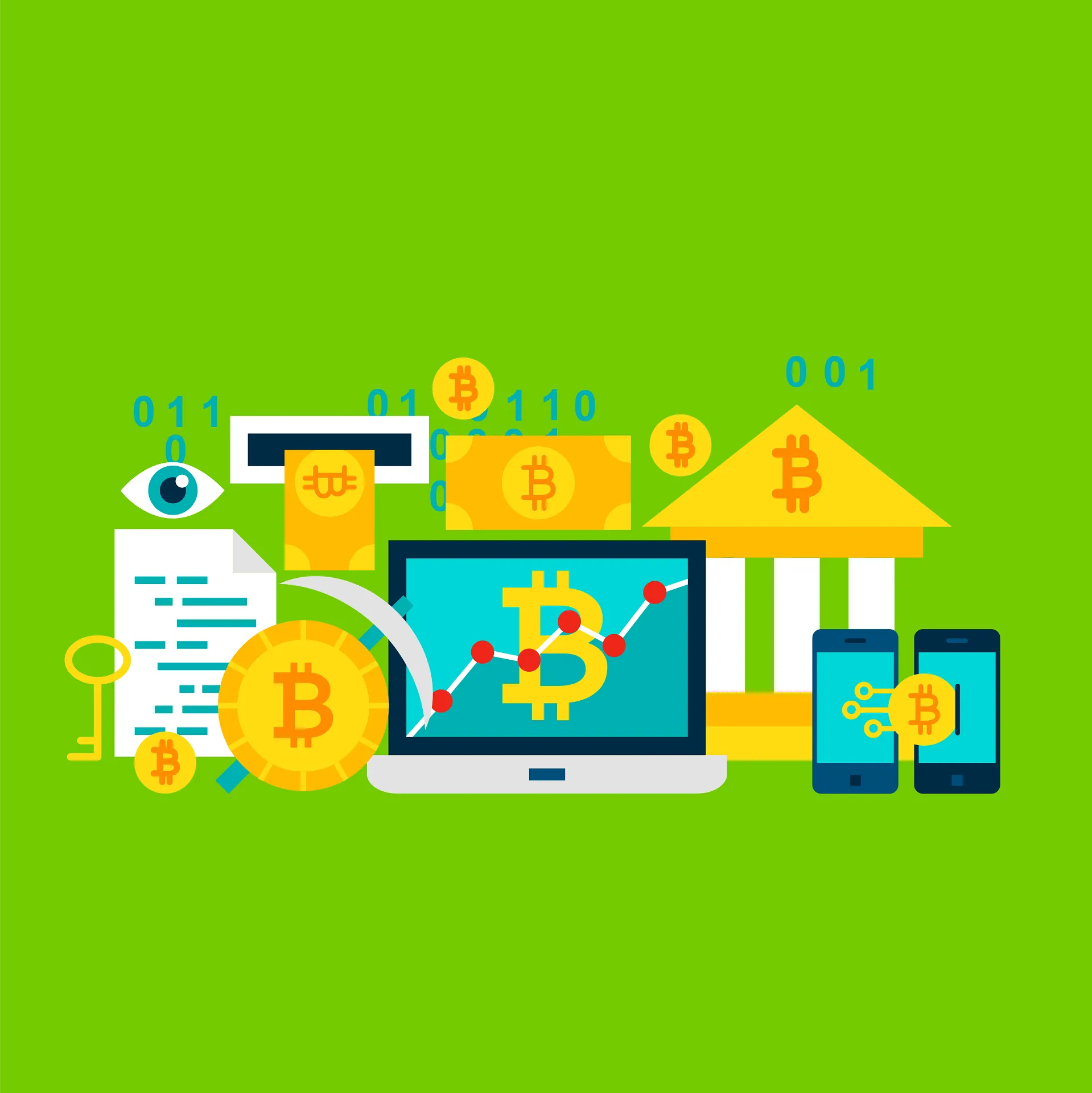 Flat illustration of Bitcoin banking, charts and mobile payments