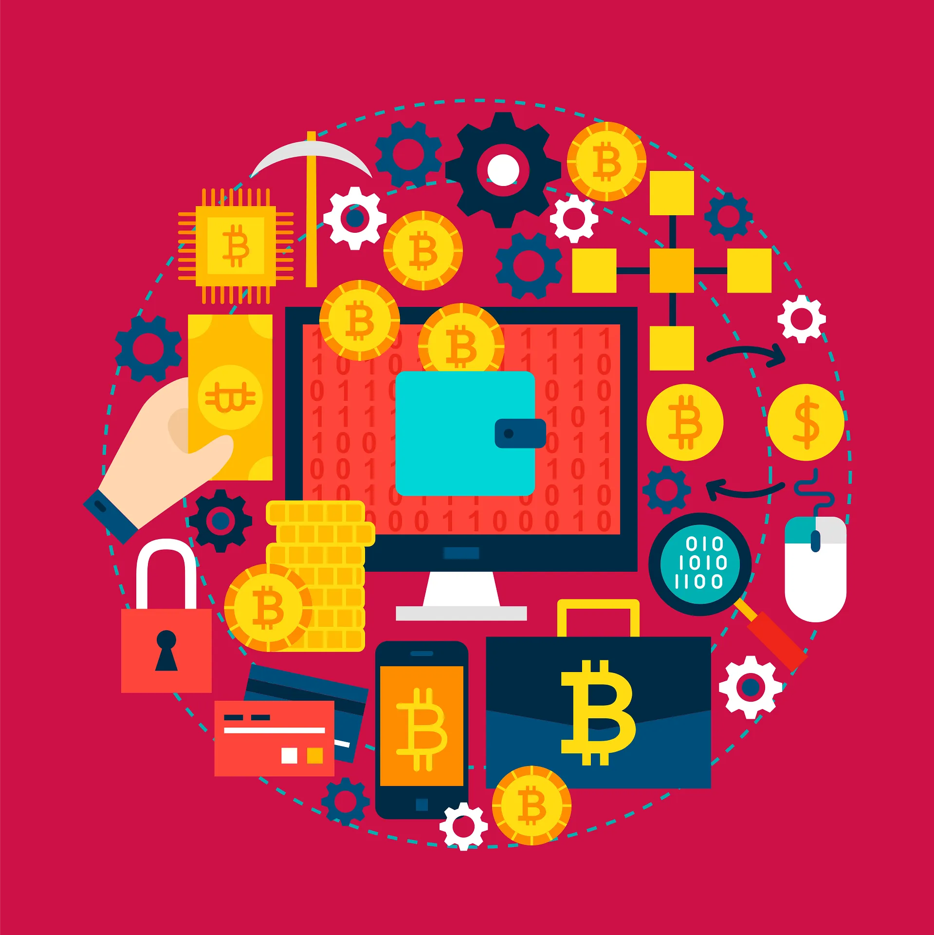 Flat illustration of crypto wallets, security locks and mining