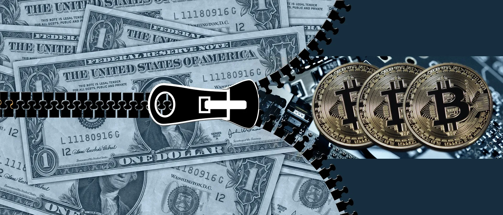 Zipper opening from US dollar bills to Bitcoin coins