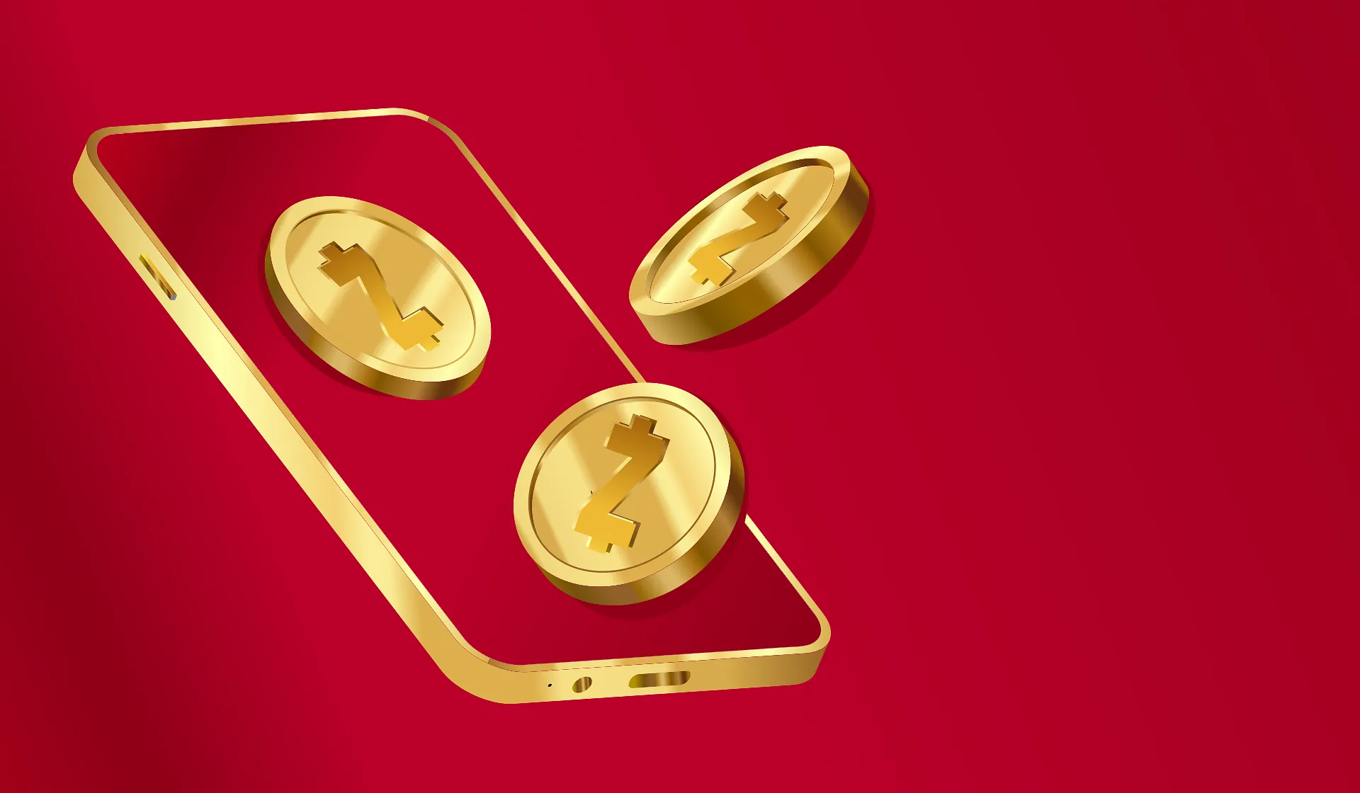 Gold coins flying out of a smartphone on red
