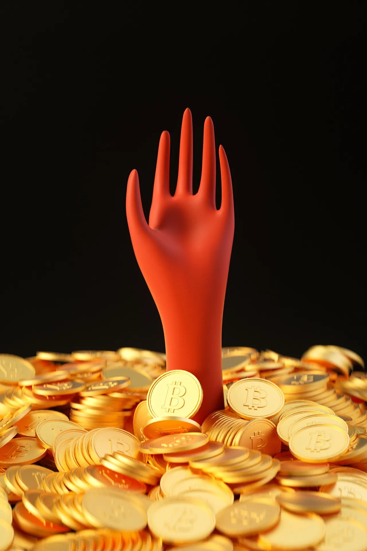 Hand reaching out of a pile of gold coins