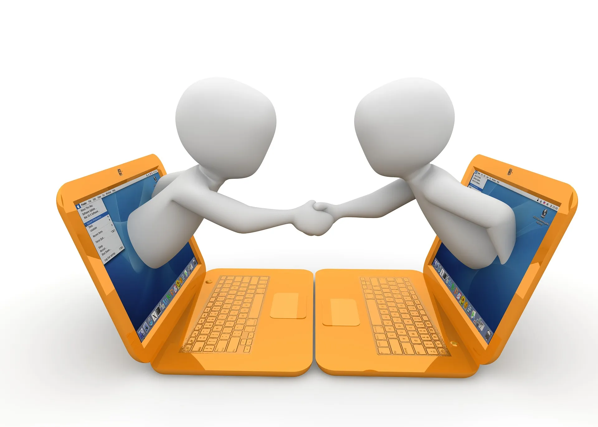 Two figures shaking hands between laptops