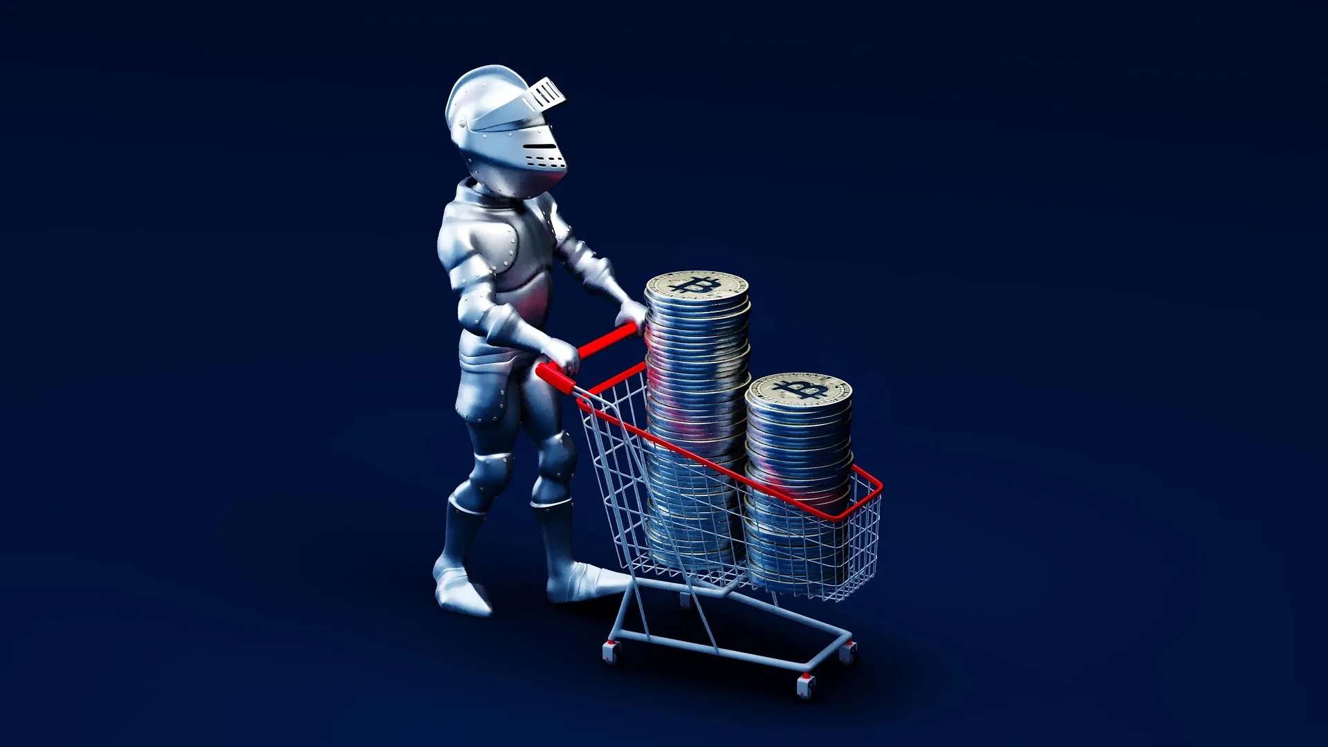 Armored knight pushing a shopping cart full of coins