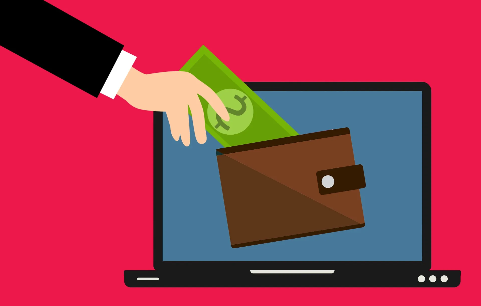 Hand putting money into a wallet on a laptop screen