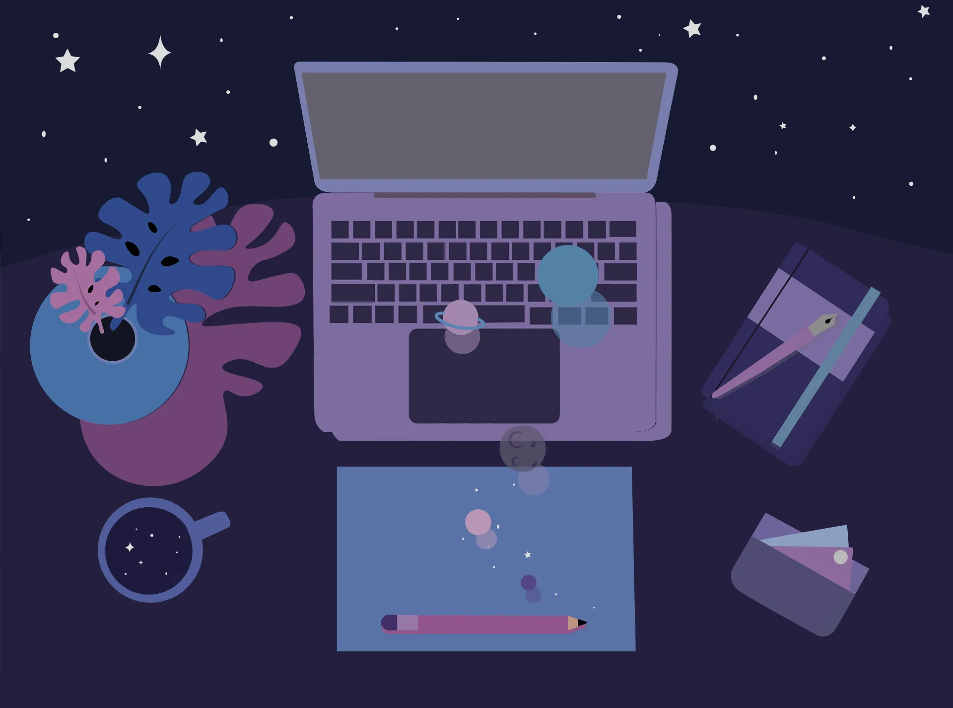 Illustrated laptop workspace seen from above at night