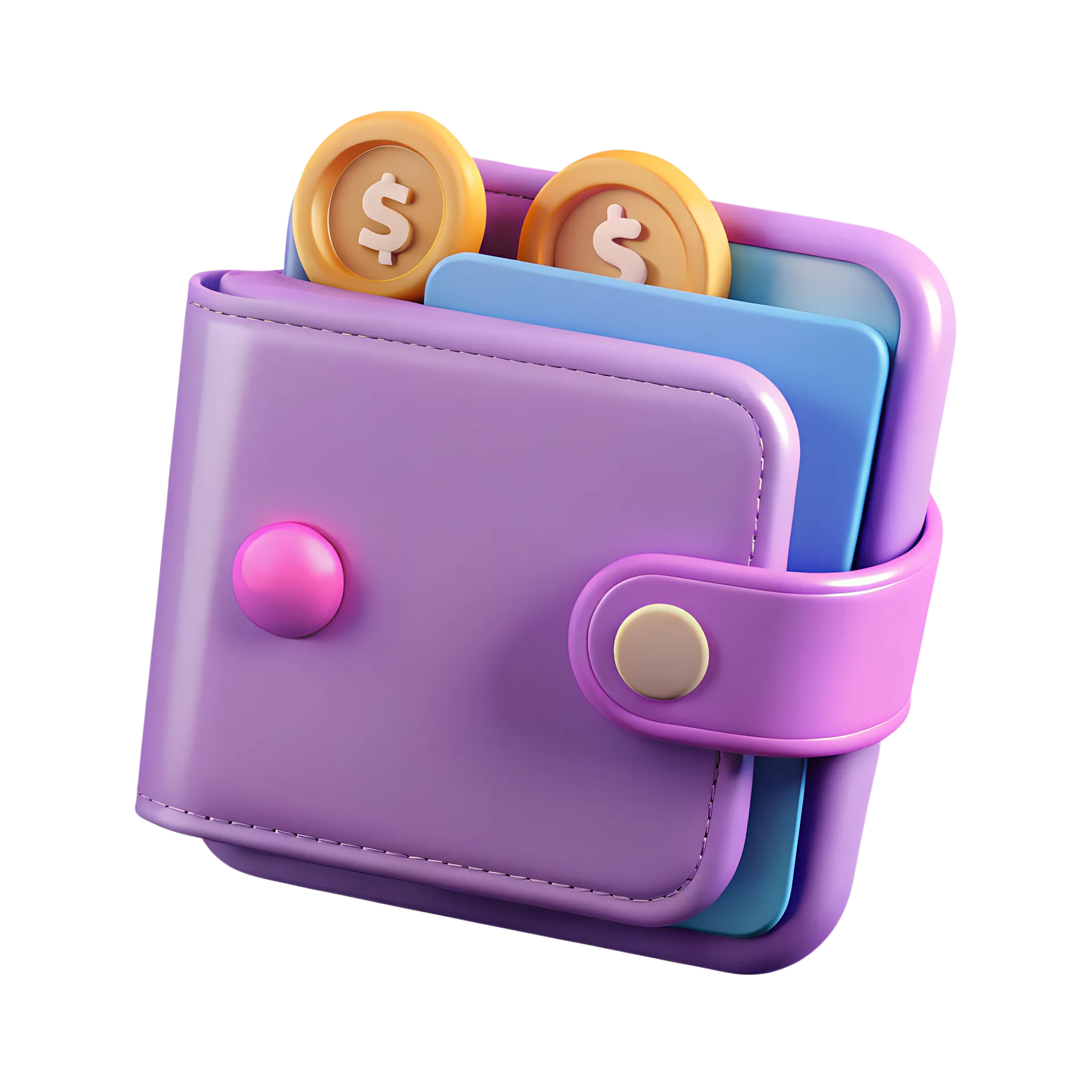 Purple 3D wallet holding coins and cards