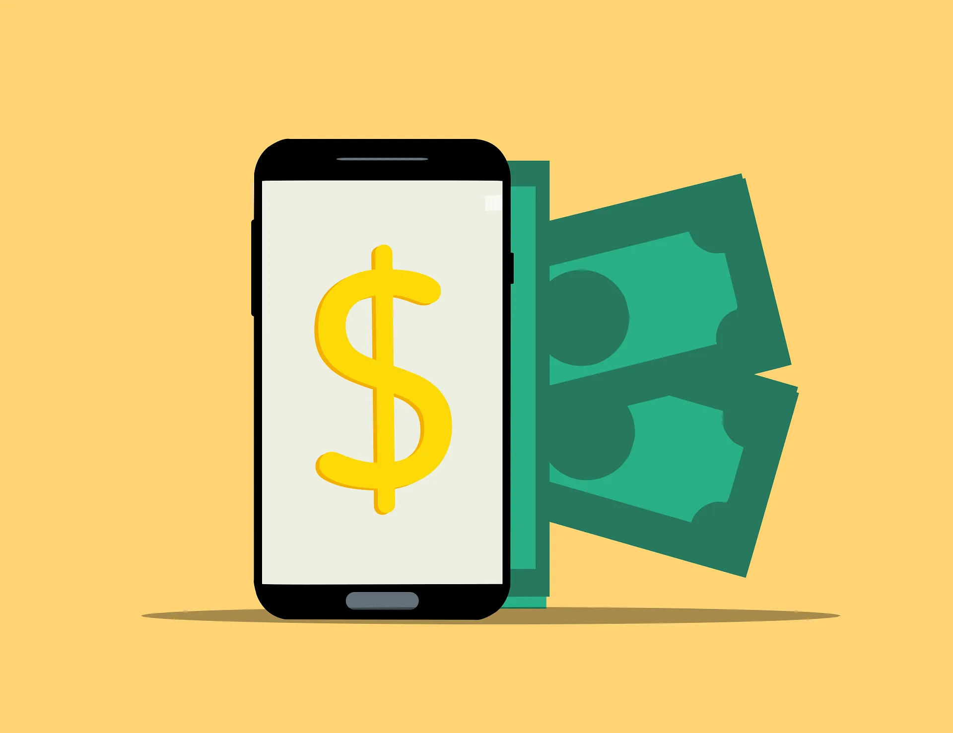 Smartphone with a dollar sign next to banknotes