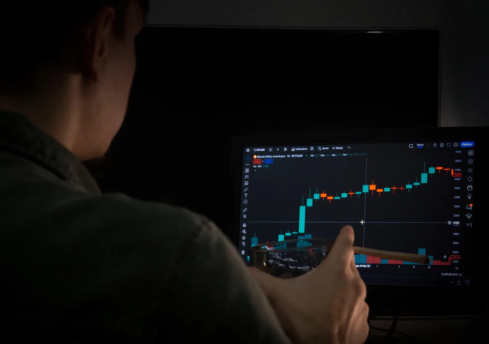 Trader studying a crypto price chart on a monitor