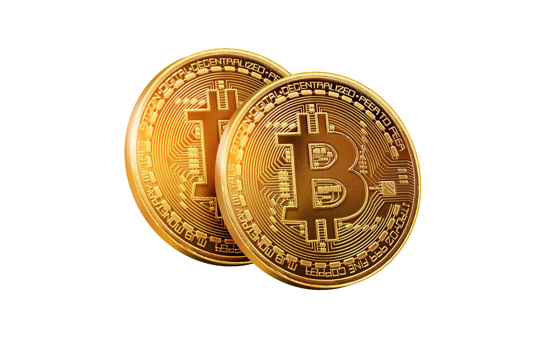 Two gold Bitcoin coins on a black background