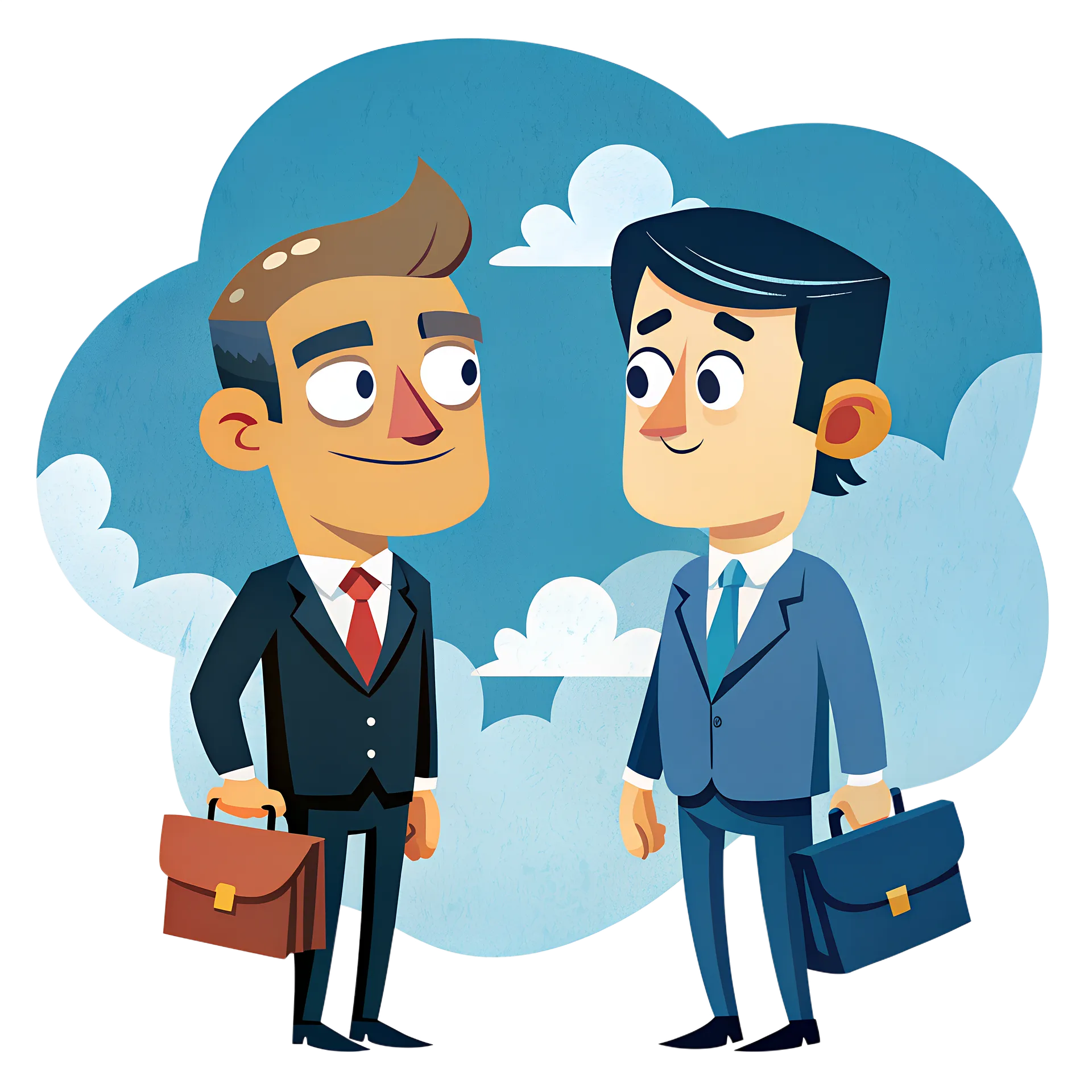 Two cartoon businessmen meeting as partners