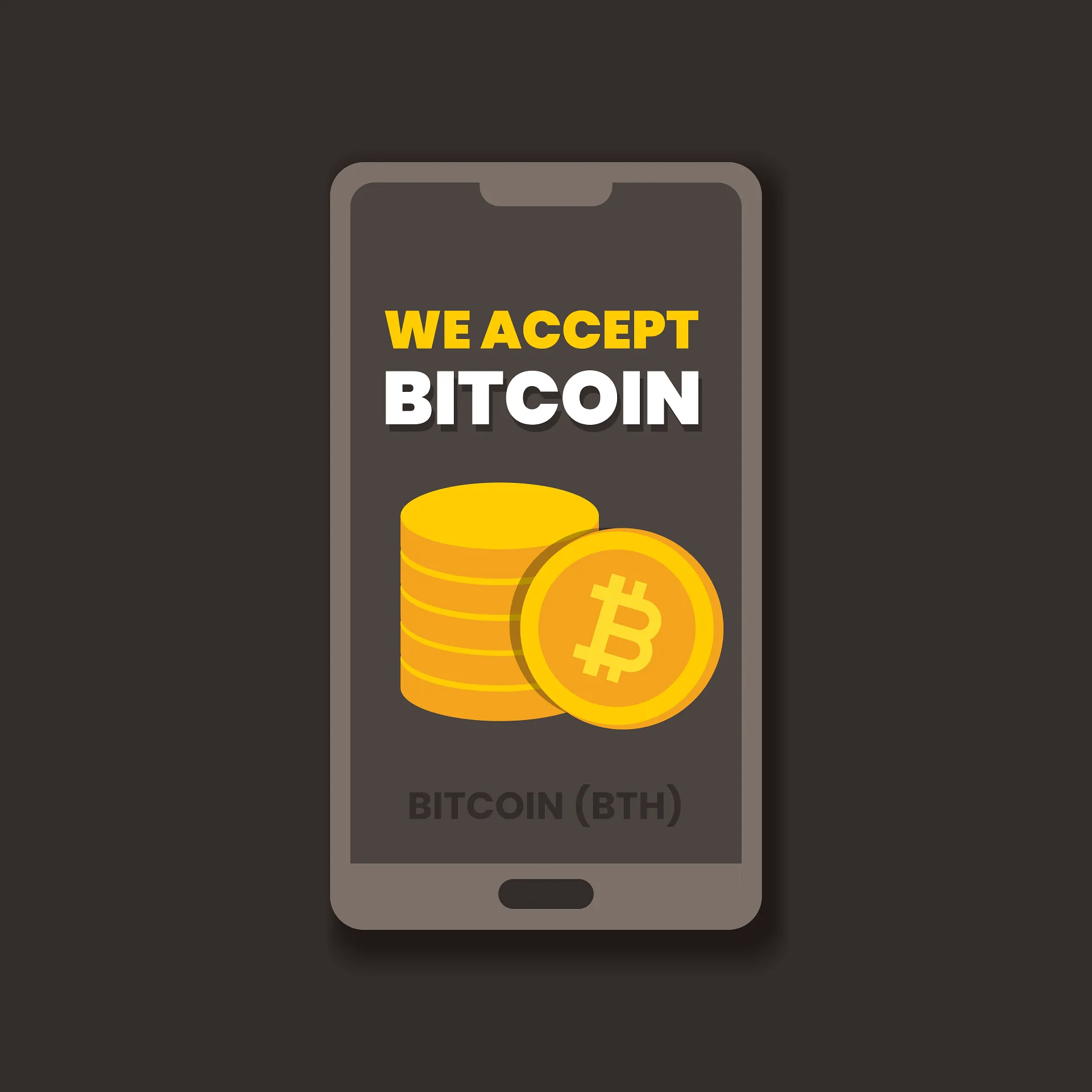 Smartphone screen reading We Accept Bitcoin
